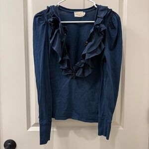 Nation LTD Navy Top Size S Long Sleeve Ruffle Snap Neck Boho Soft Cotton